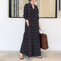 Plus Size Linen Blend Printed Collared Shirt Dress, Long Sleeve Loose Maxi Dress With Pockets