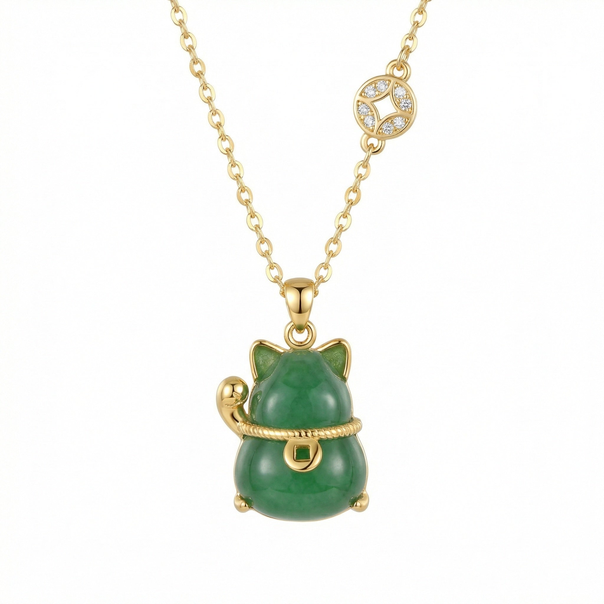 925 Sterling Silver Green Jadeite Lucky Cat Pendant Necklace for Good Fortune and Prosperity