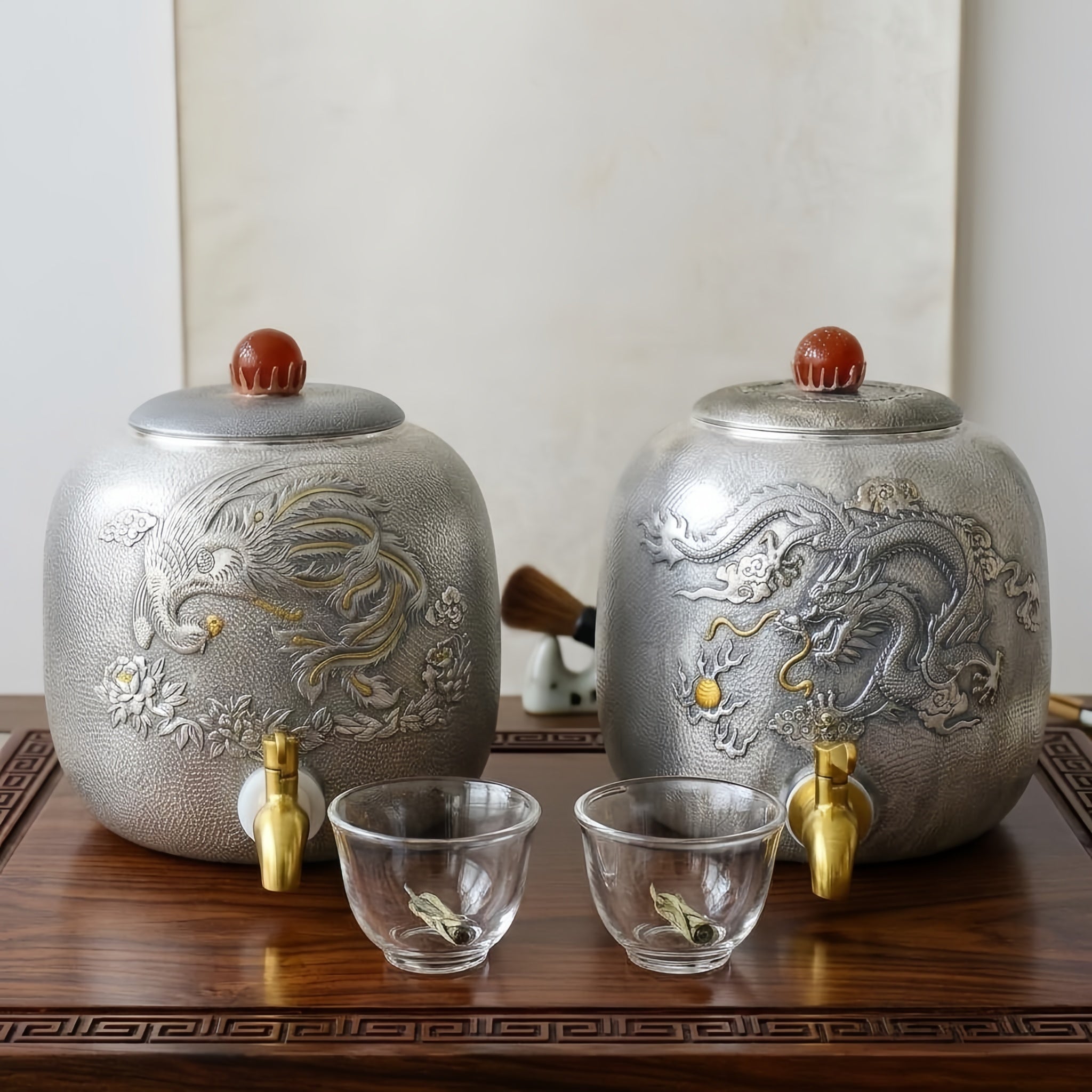 Pure 999 Fine Silver Exquisite Pair of Hammered Silver-Toned Containers Featuring Traditional Dragon and Phoenix Relief Artistry - Handicraft