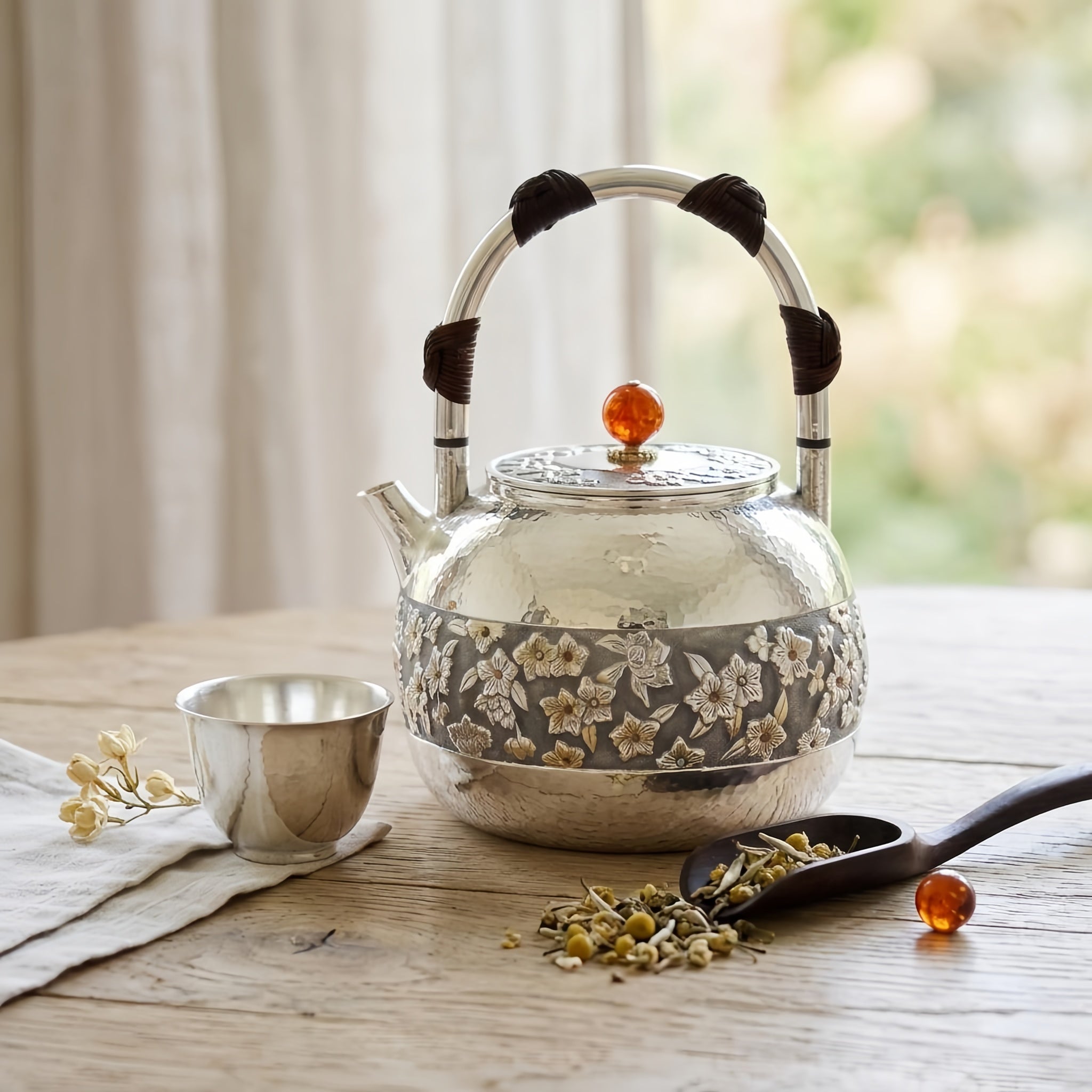 Pure 999 Fine Silver Elegant Hammered Silver Teapot with Intricate Floral Relief and Woven Handle - Handicraft