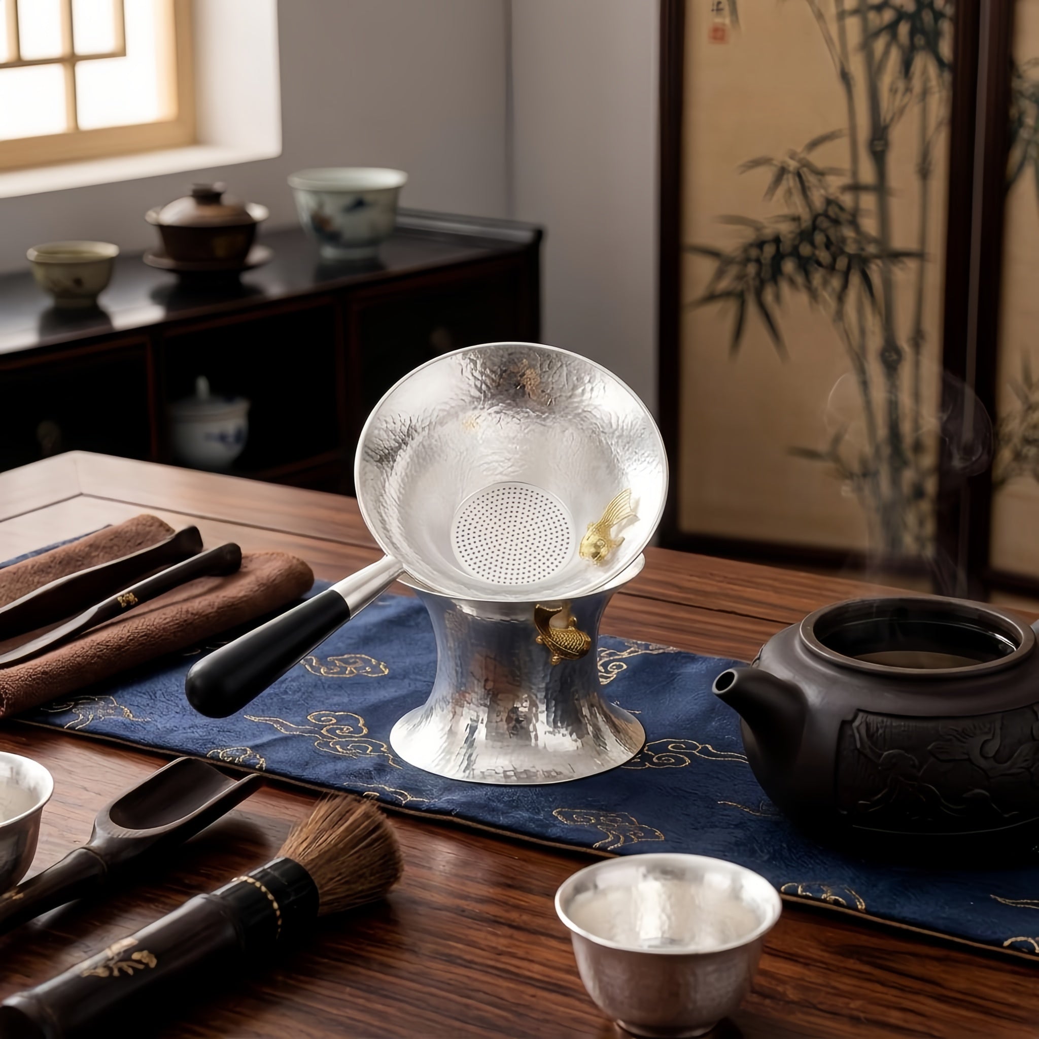 Pure 999 Fine Silver Hand-Hammered Silver Tea Strainer Set with Brass-Toned Fish Accents and Black Handle - Handicraft