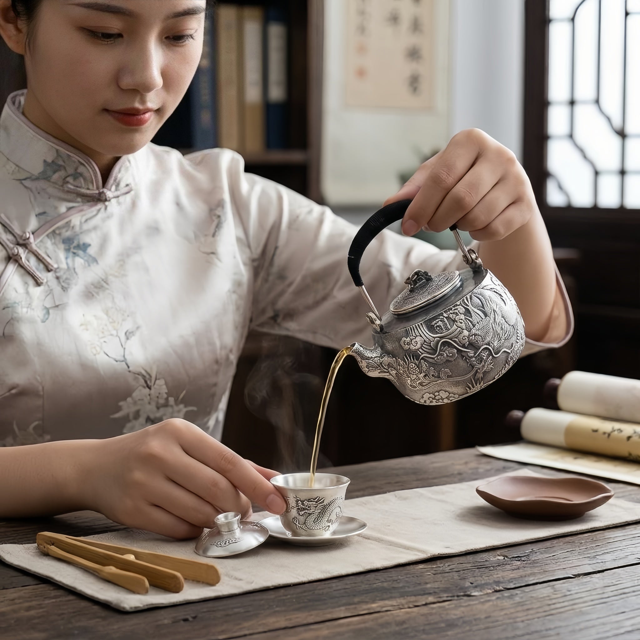 Pure 999 Fine Silver **Title:** Antique  Dragon Teapot with Intricate Carvings and Black Ribbed Handle-Fine large teapot - Handicraft