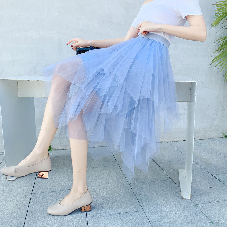 Women's Solid-Color Versatile Asymmetrical Mesh Skirt