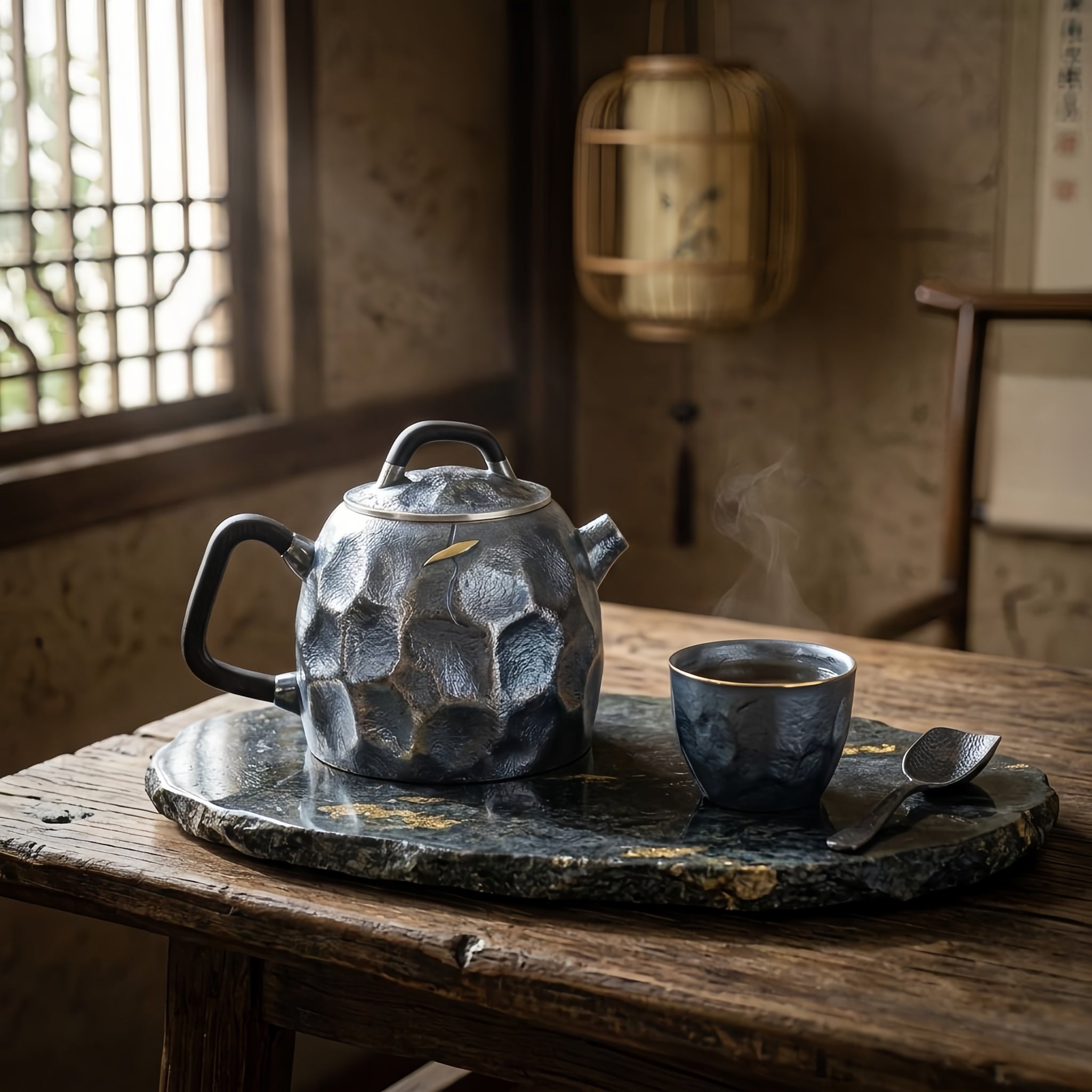 Pure 999 Fine Silver Artisan Hammered Silver Teapot with Dark Wood Handle and Gilded Leaf Inlay - Handicraft