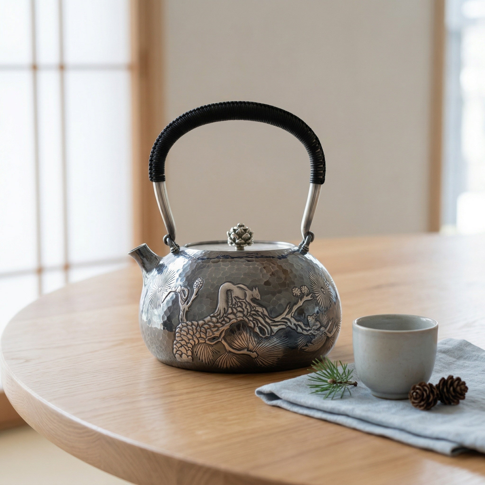 925 Sterling Silver Elegant Handcrafted  Teapot with Nature-Inspired Squirrel and Pine Cone Design-Fine large teapot - Handicraft