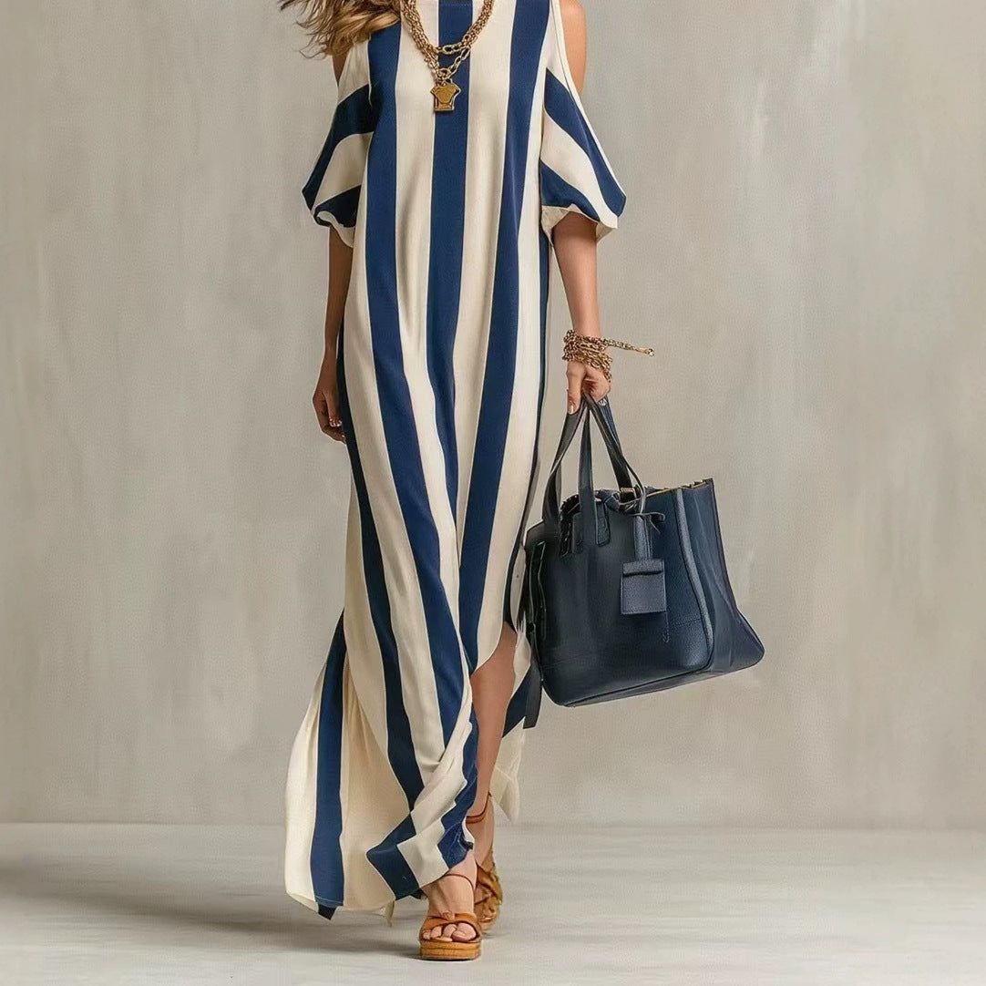 Off-Shoulder Color-Block Stylish Striped Long Split Casual Dress