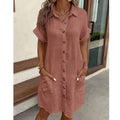 Solid Color Linen Cotton Button Down Loose Shirt Dress