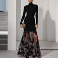 Black Mesh Floral Knit Turtleneck Long-Sleeve Patchwork Gauze Dress