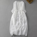 Vintage Linen Round Neck Double Layer Tie Waist Flowy Midi Dress, Spring Summer Women's Lightweight Travel Dress