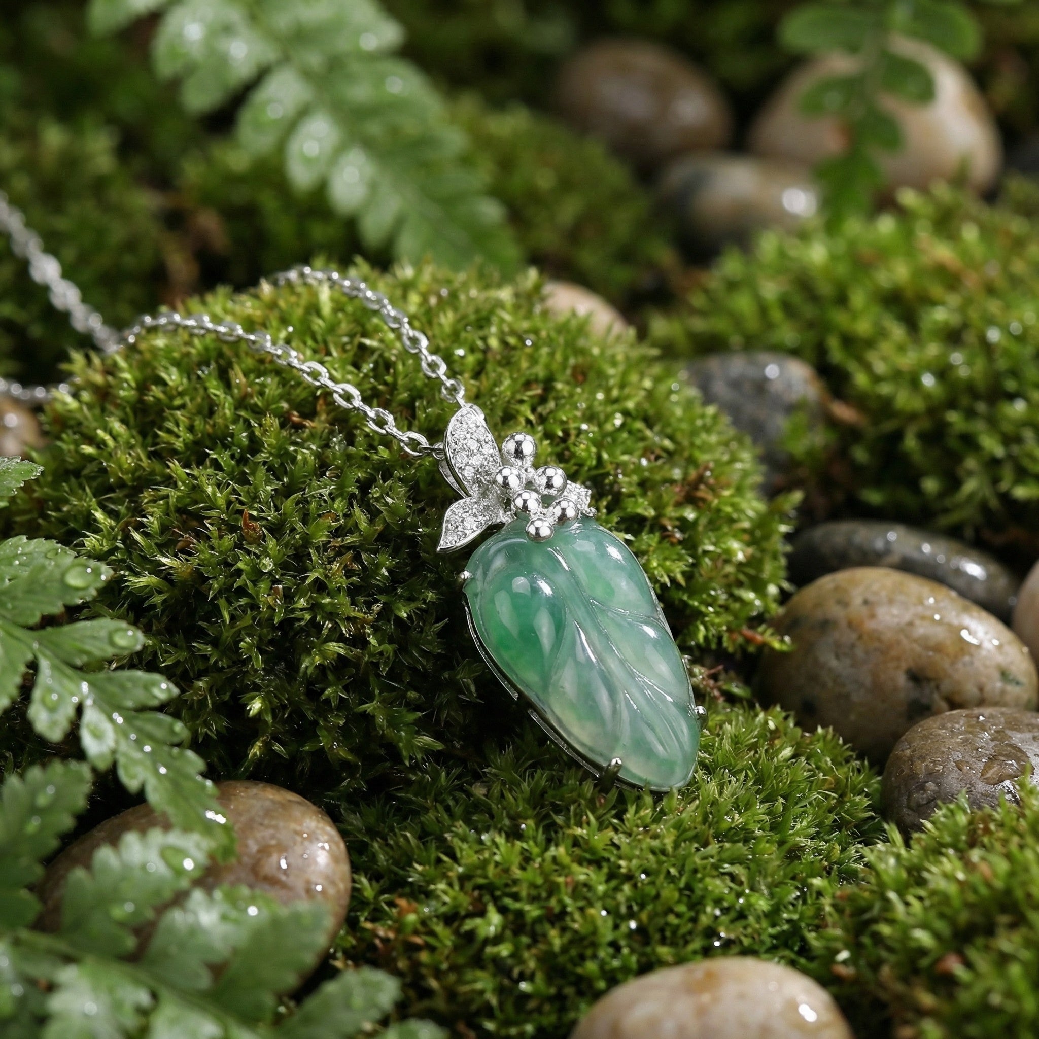 925 Sterling Silver Elegant Green Jade Leaf Pendant Necklace with Diamond Accents