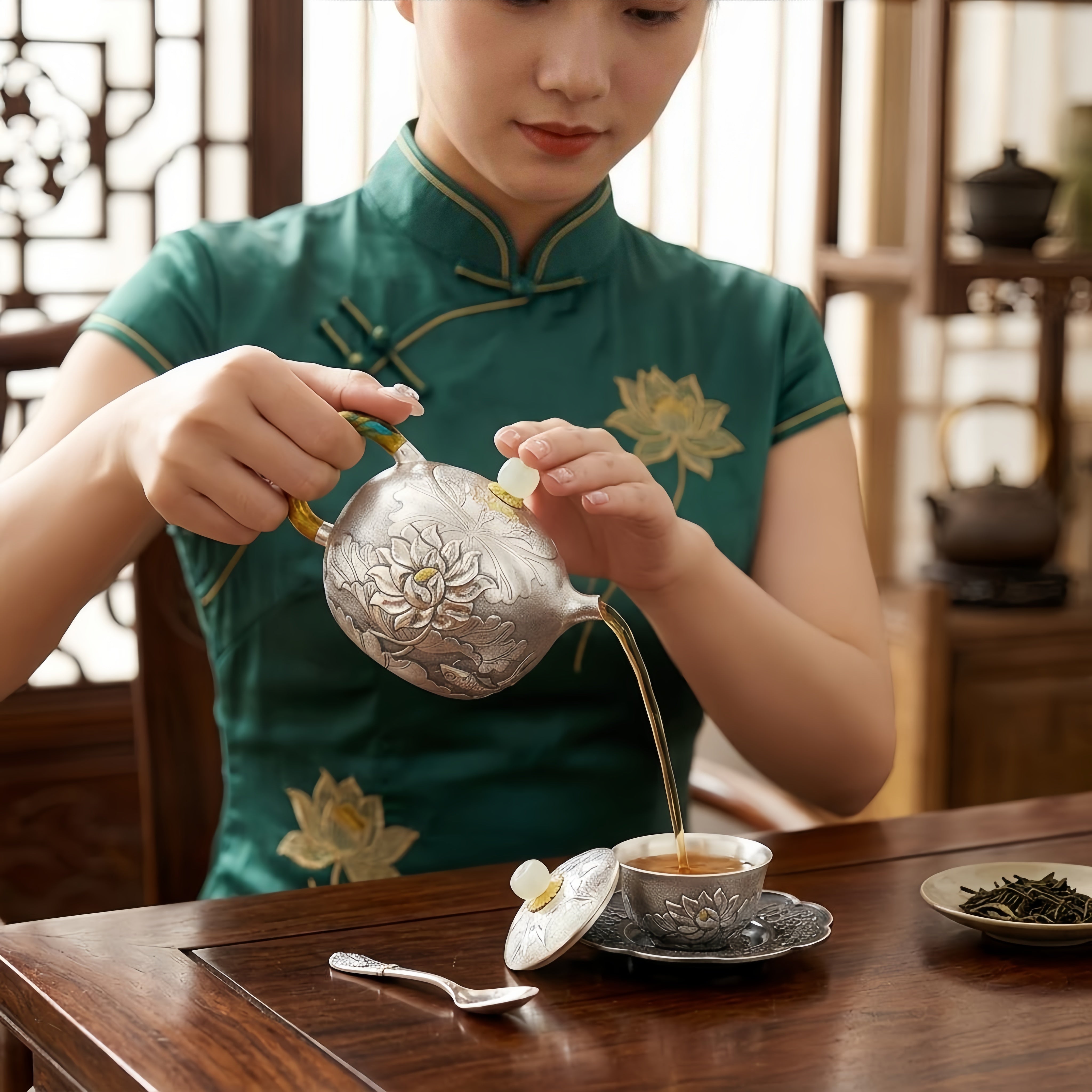 Pure 999 Fine Silver Handcrafted Silver Lotus Teapot with Intricate Relief Carvings and Jade Finial - Handicraft