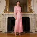 Round Neck Long Sleeve Loose Pleated Solid Color Dress