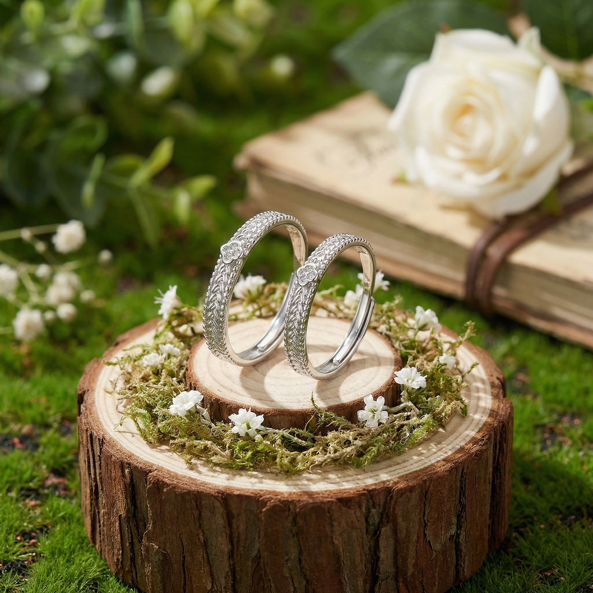 925 Sterling Silver Elegant Adjustable Silver Couple Rings with Braided Texture and Clover Charms