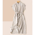 Linen Sleeveless Dress, Women Summer Casual Midi Dress, Lapel Waist-tight Cotton Linen A-line Dress