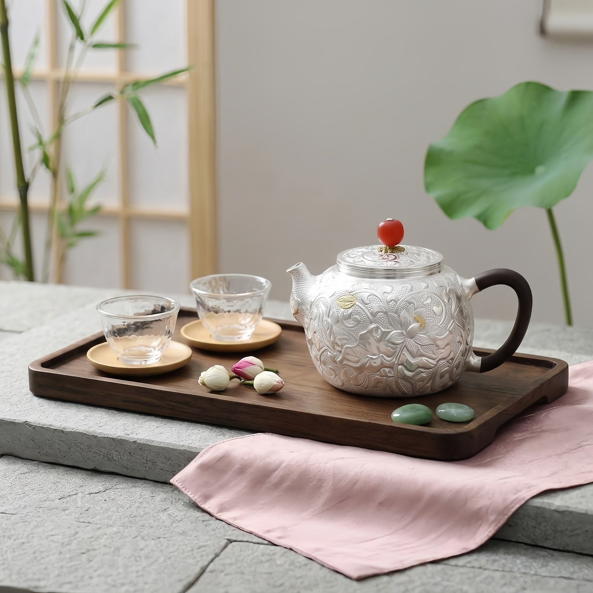 Pure 999 Fine Silver Handcrafted Silver Teapot Featuring Intricate Lotus Engravings and a Crimson Finial - Handicraft