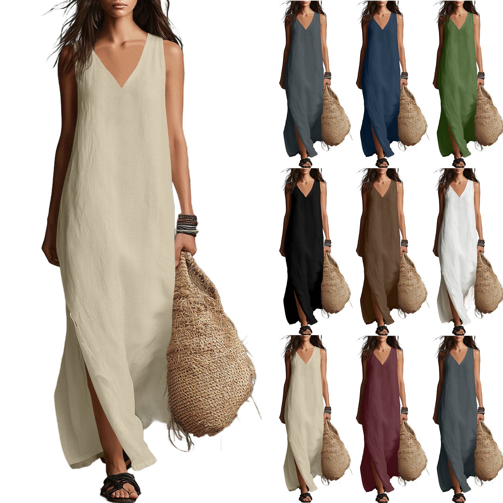 Loose Sleeveless V-Neck Solid Color Cotton-Linen Casual Long Dress