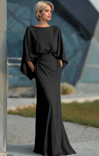 Elegant Backless Ruched Long Dress, Women Slim Fit Formal Maxi Dress