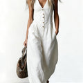 Fashion Textured Commuter V-neck Sleeveless Linen-look Jumpsuit For Women