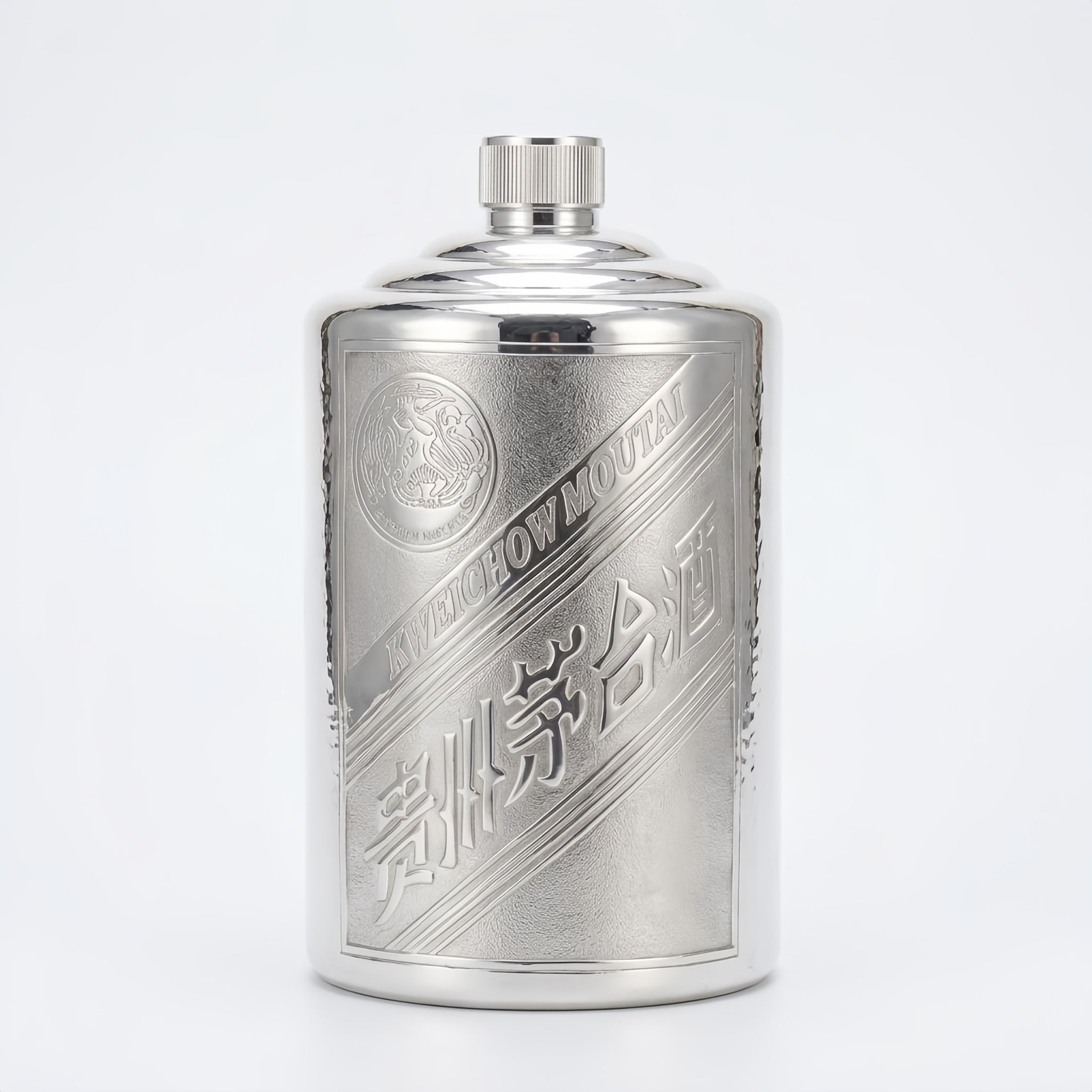 Pure 999 Fine Silver Premium Metallic Kweichow Moutai Flask with Engraved Traditional Labeling - Handicraft
