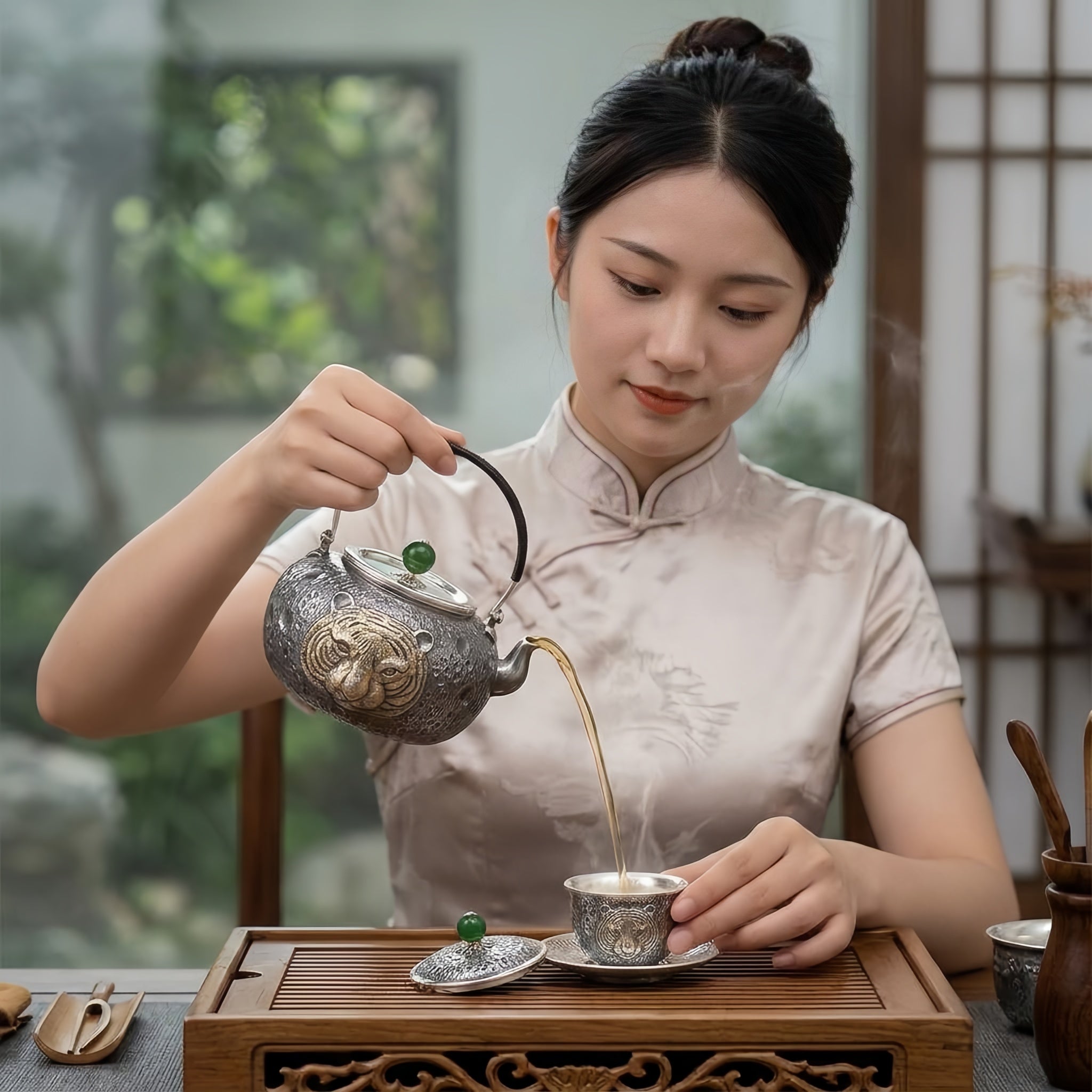 Pure 999 Fine Silver Silver Tiger Relief Teapot with Jade Finial and Textured Lunar Finish - Handicraft