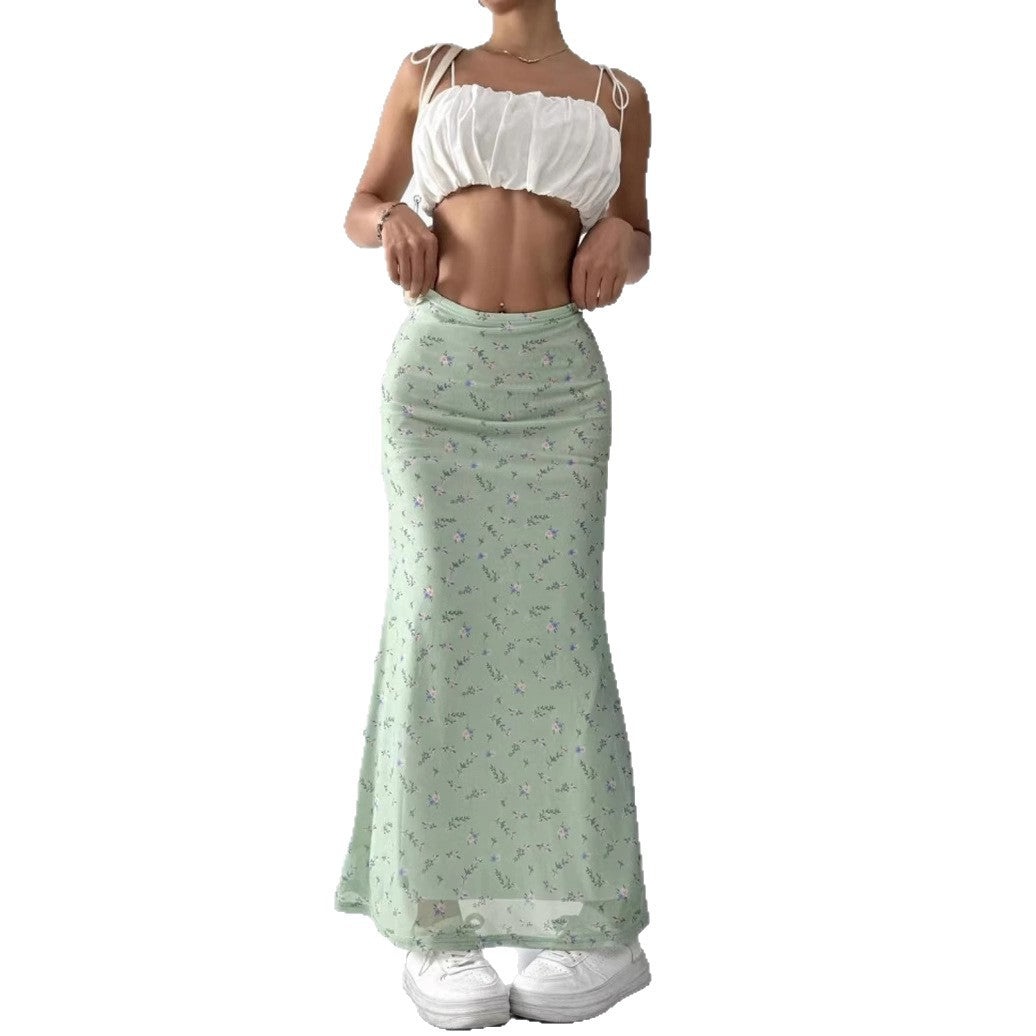 Summer Womens Skirt Mori Style Floral Chiffon Fishtail Maxi Skirt
