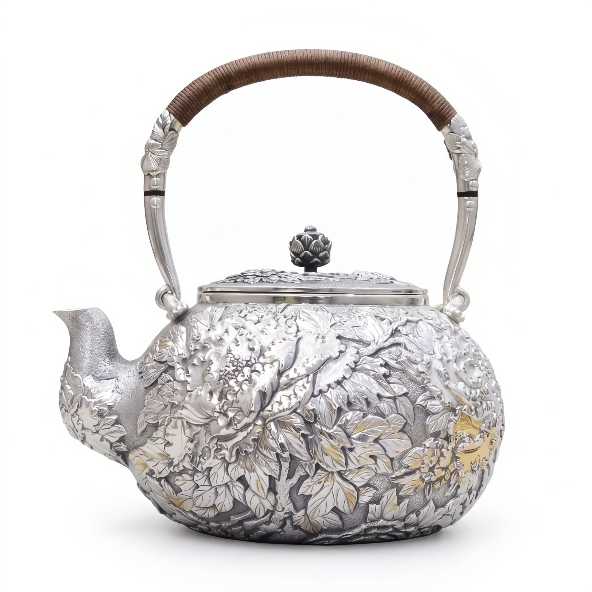Pure 999 Fine Silver Handcrafted Silver Teapot with Intricate Floral Relief and Rattan-Wrapped Handle - Handicraft