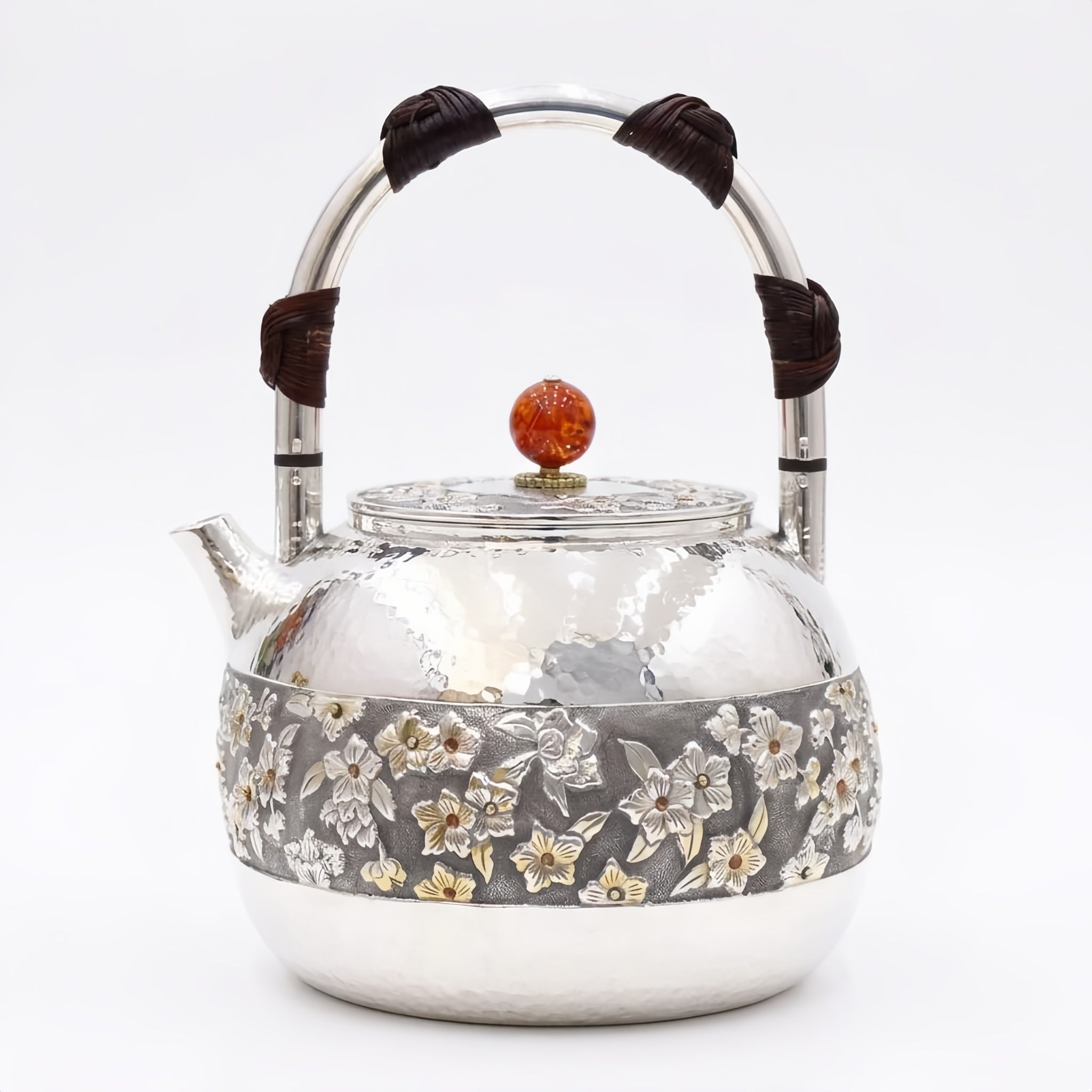 Pure 999 Fine Silver Elegant Hammered Silver Teapot with Intricate Floral Relief and Woven Handle - Handicraft