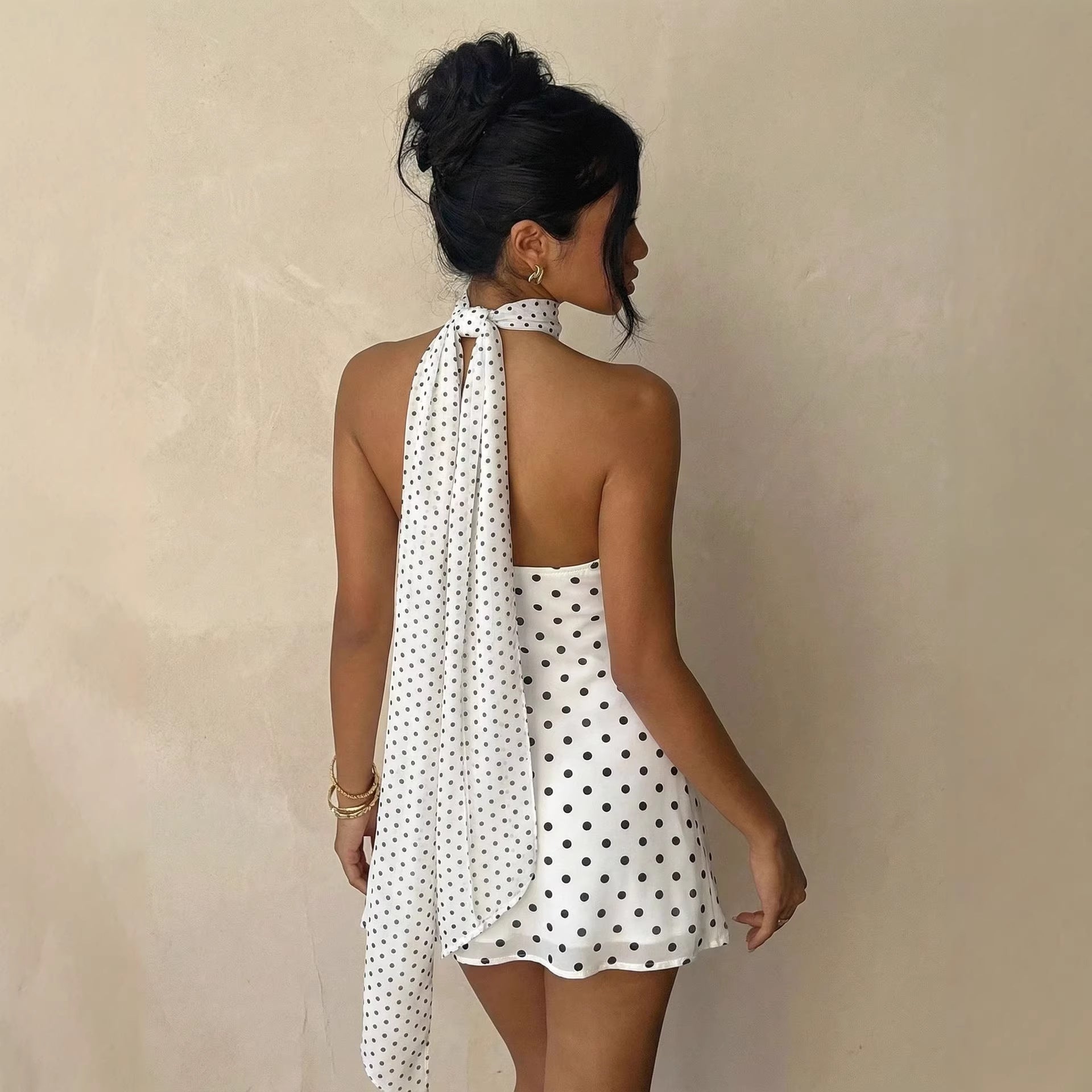 Polka-dot Slip Dress Womens Halterneck Backless Short Skirt