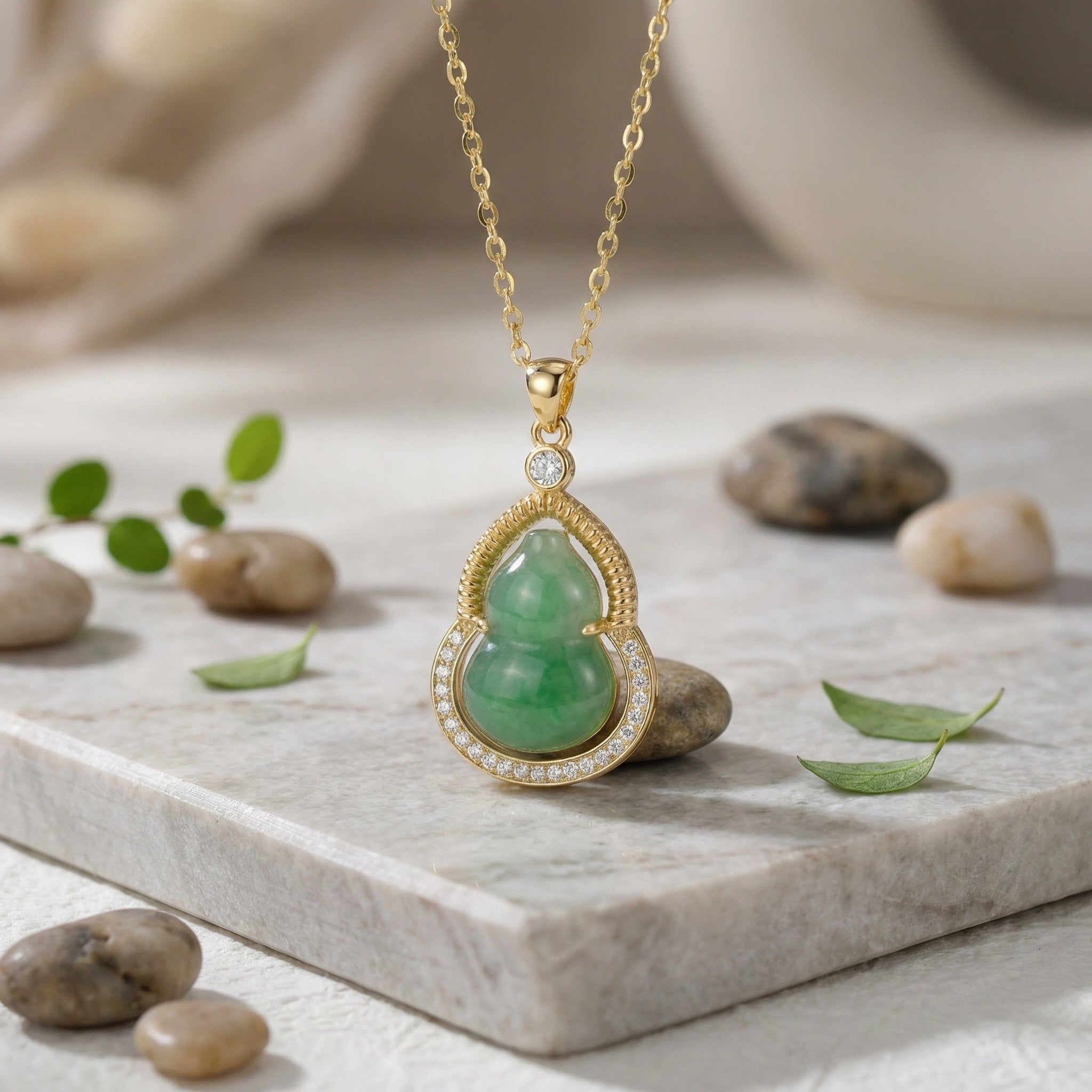 925 Sterling Silver Radiant Green Jadeite Hulu Necklace Featuring Ornate Metalwork and Glistening Gems