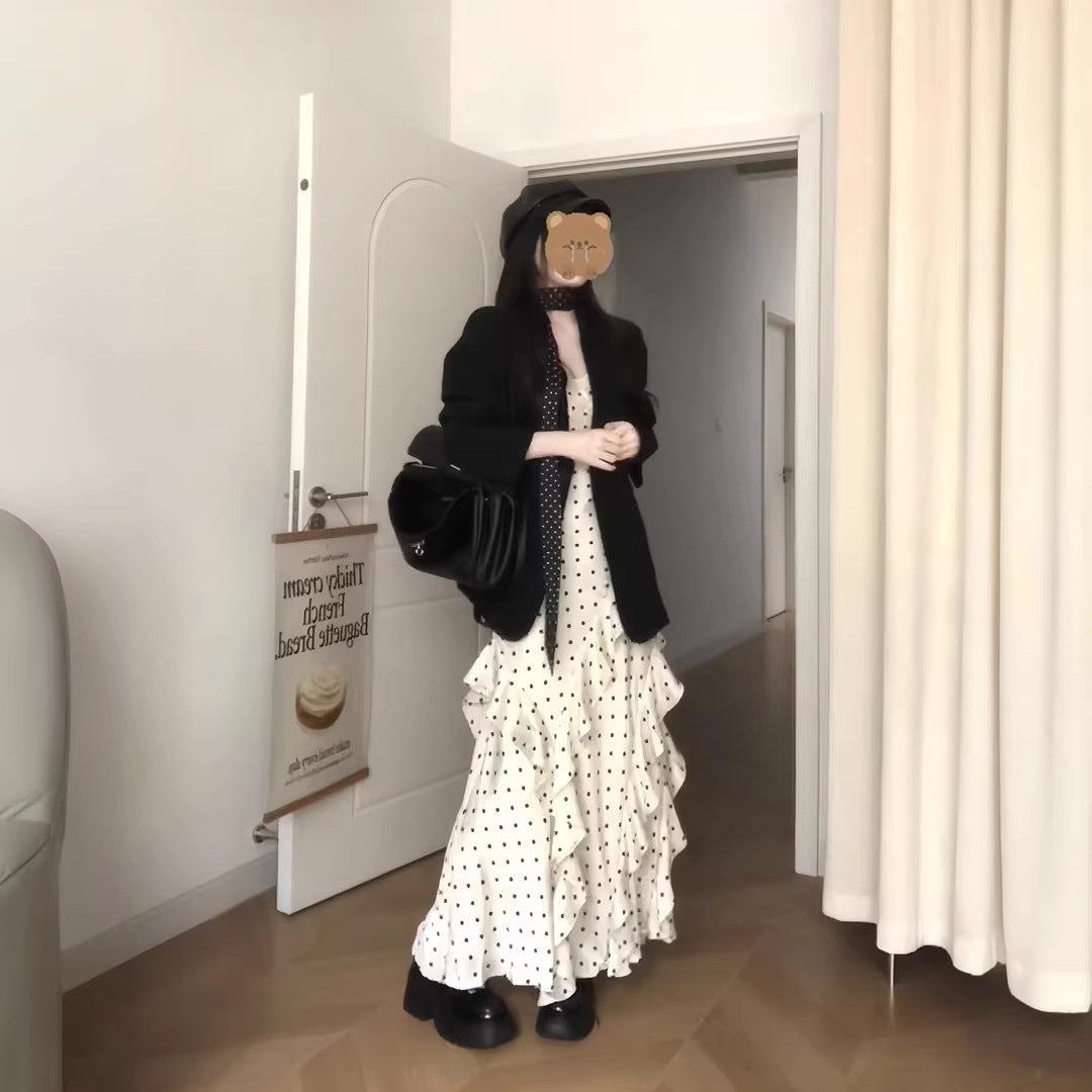 Suit Jacket And Polka-Dot Ruffle-Trimmed Dress Two-Piece Set
