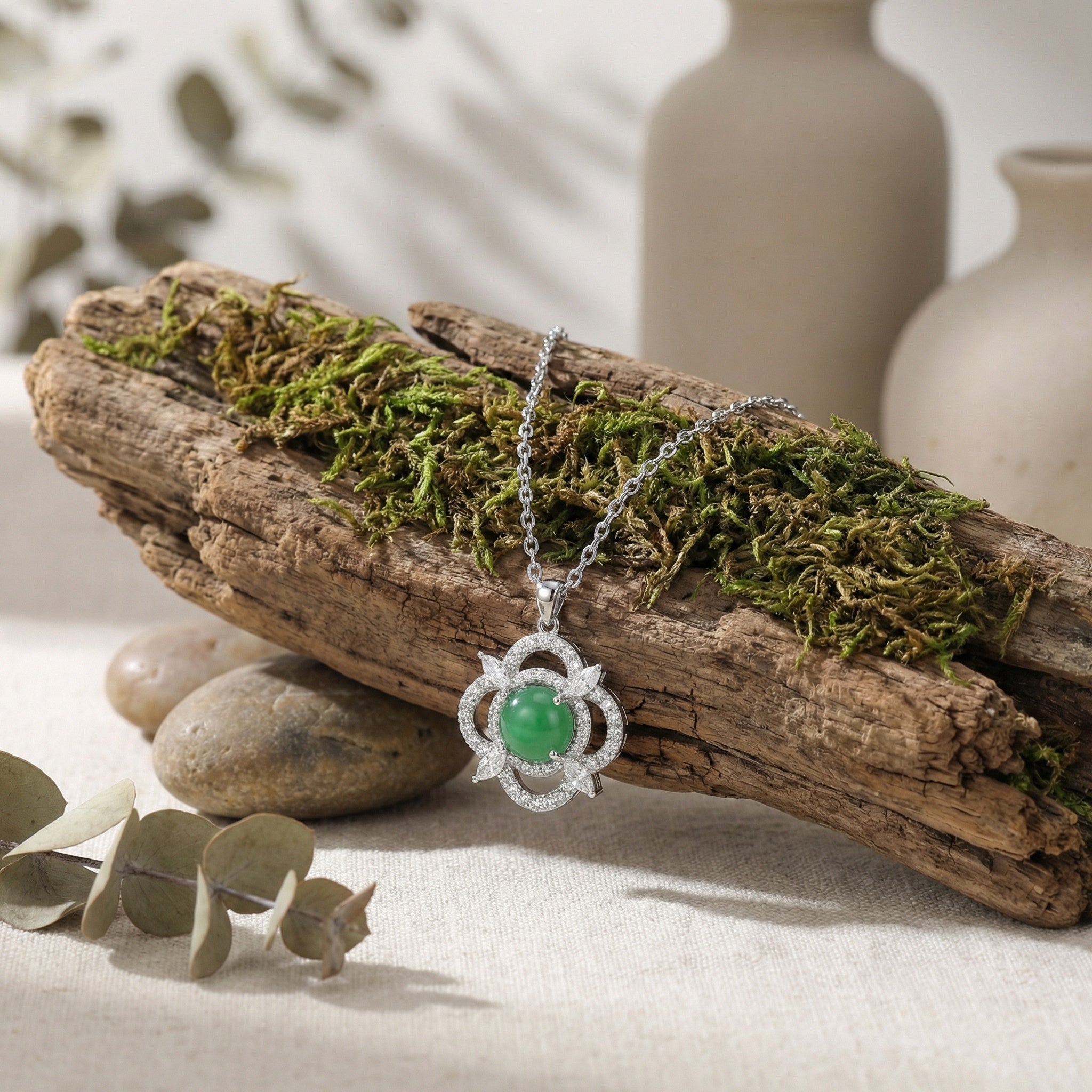 925 Sterling Silver Exquisite Sterling Silver Green Jade Pendant Necklace with Sparkling Marquise and Round Accents