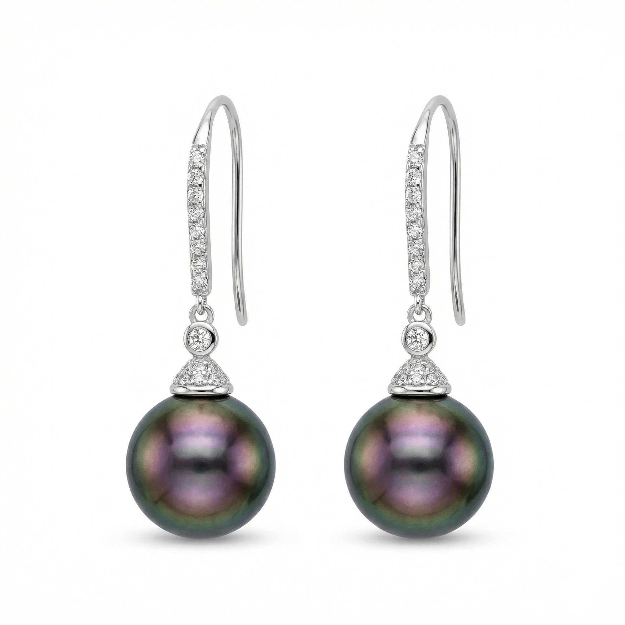 925 Sterling Silver Lustrous Tahitian Pearl and Diamond Drop Earrings in Sterling Silver