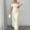 A New Elegant And Three-dimensional Floral Fabric Spliced Off-the-shoulder, Figure-hugging Mesh Mid-length Dress For Women In Summer