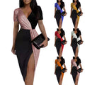 Contrast-color High-waisted Solid-color Elegant Office Dress