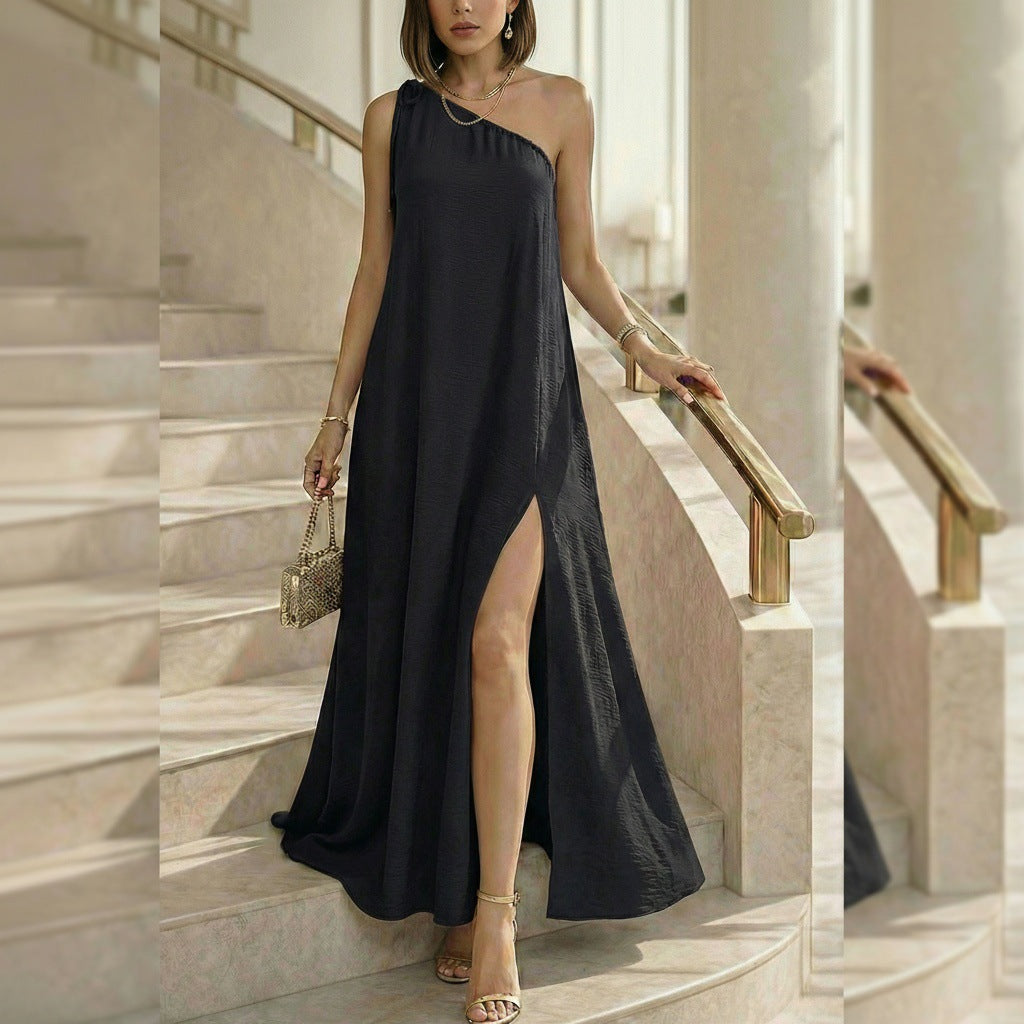 Single-Shoulder Multi-Colored Slit Maxi Dress European And American Resort-Style Long Skirt