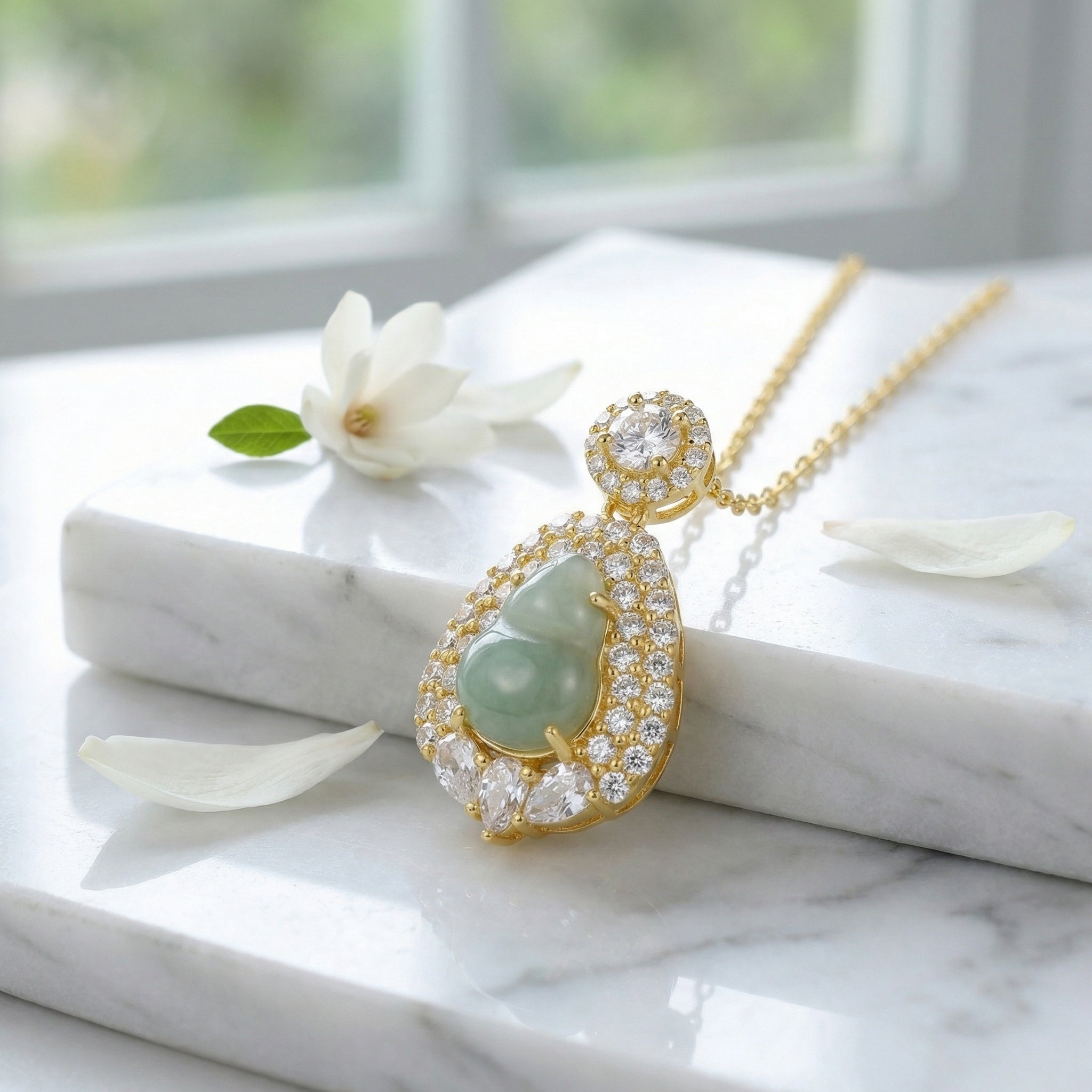 925 Sterling Silver Exquisite Green Jadeite Gourd Pendant Necklace with Shimmering Stone Embellishments
