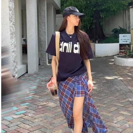 Summer New Arrival Pearl Chiffon Skirt, Asymmetrical Blue Plaid