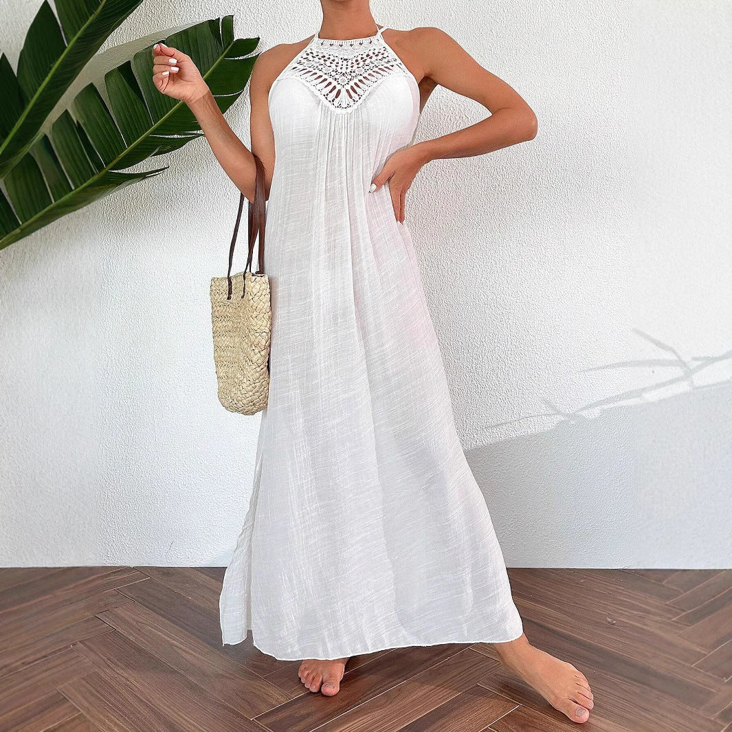 Womens Hollow-Out Lace Halterneck Beach Vacation Long Dress