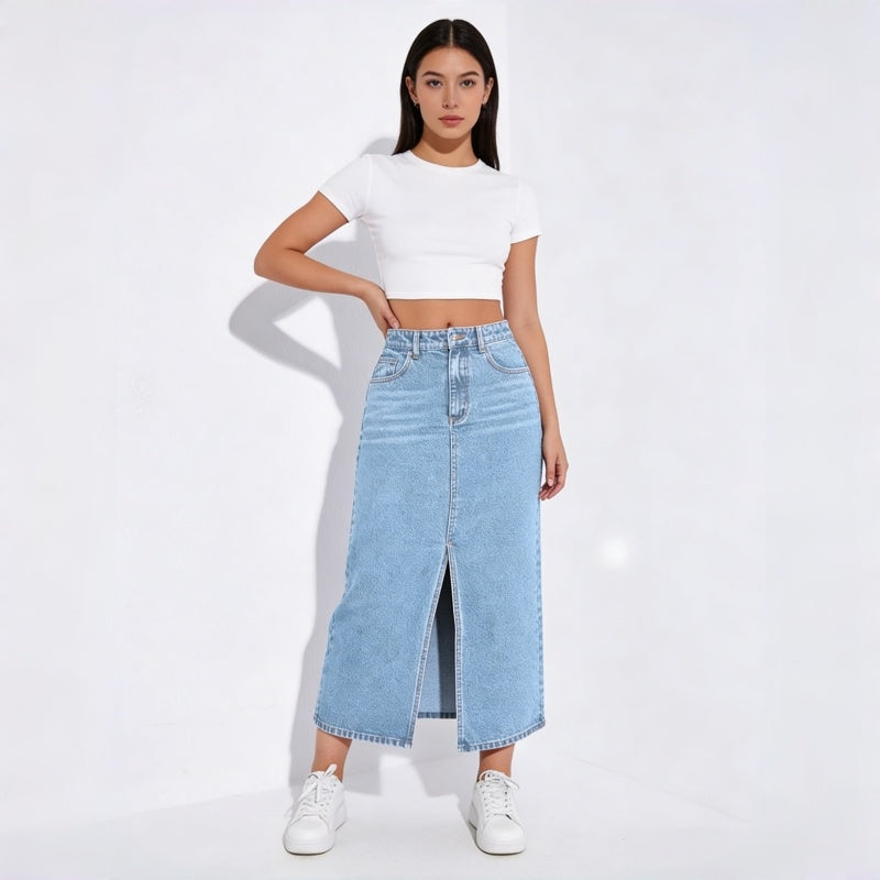 Women's High-Waisted Light Wash Denim Midi Skirt, Front Slit Straight Long Jean Skirt