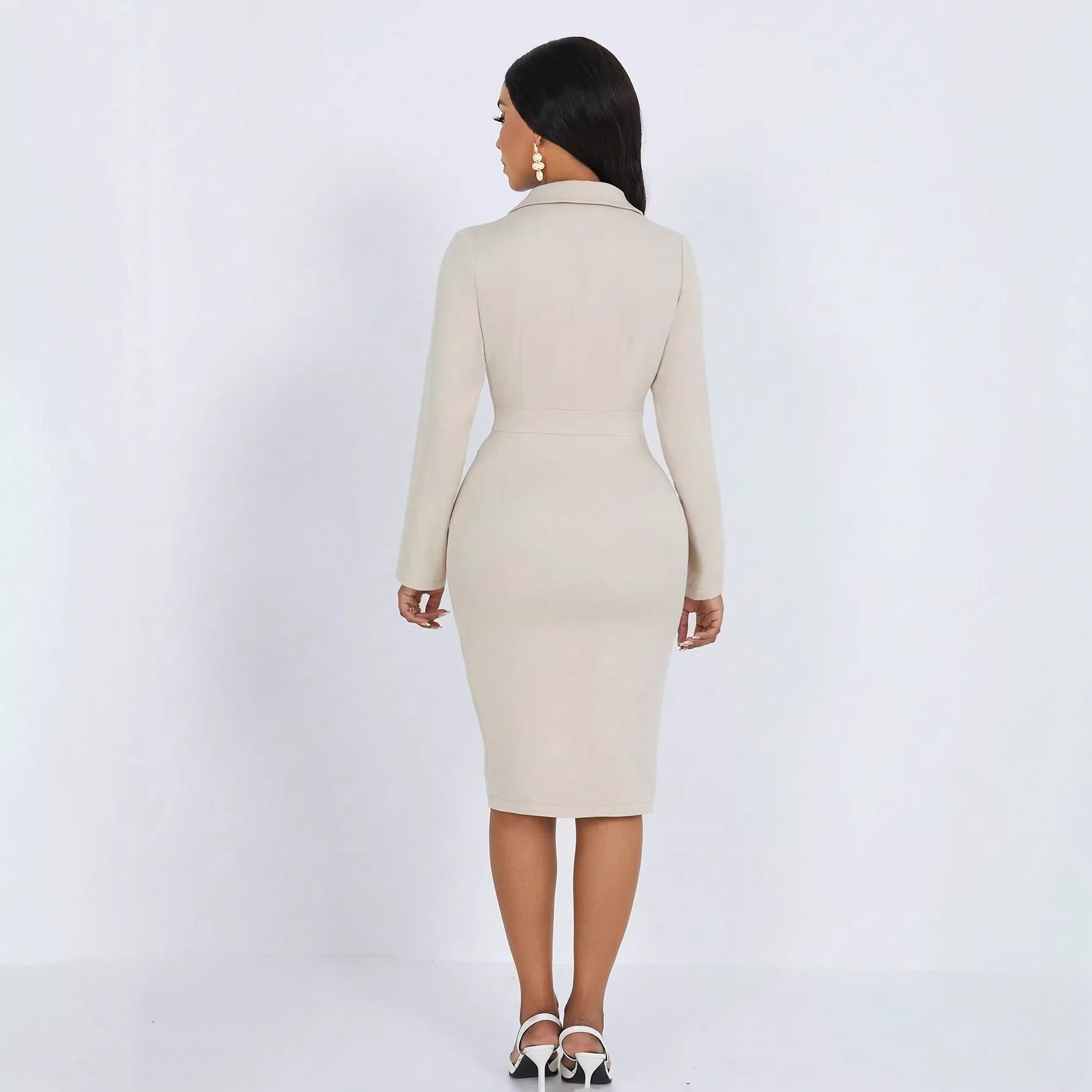 Women's Solid-Colored Lapel-Neck Long-Sleeve Dress