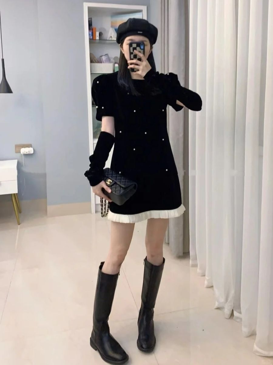 Fashionable Velvet Slim-Fit Elegant Beaded Heavy-Detailed Dress