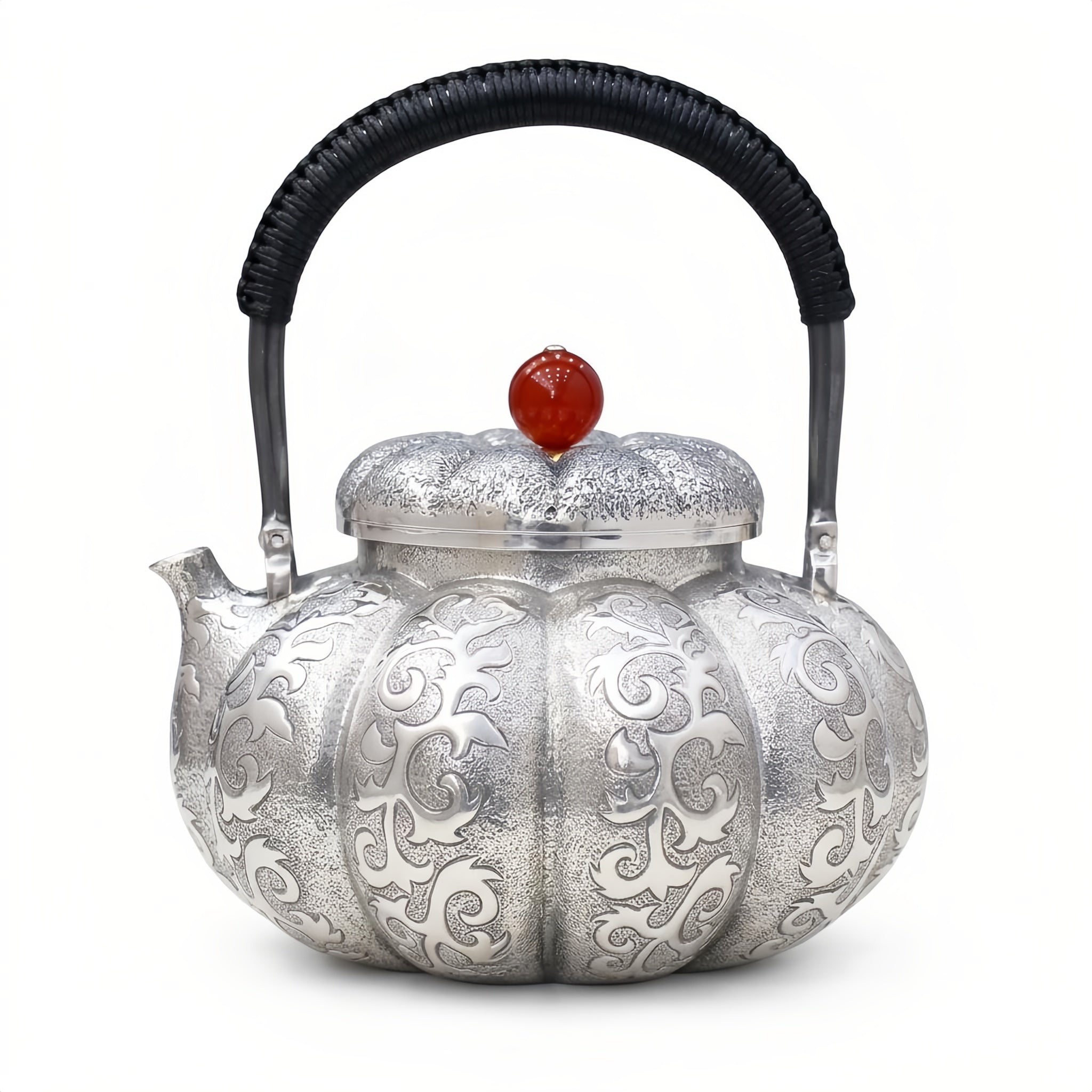 Pure 999 Fine Silver Ornate Hand-Carved Silver Pumpkin Teapot with Red Bead Finial and Wrapped Handle - Handicraft