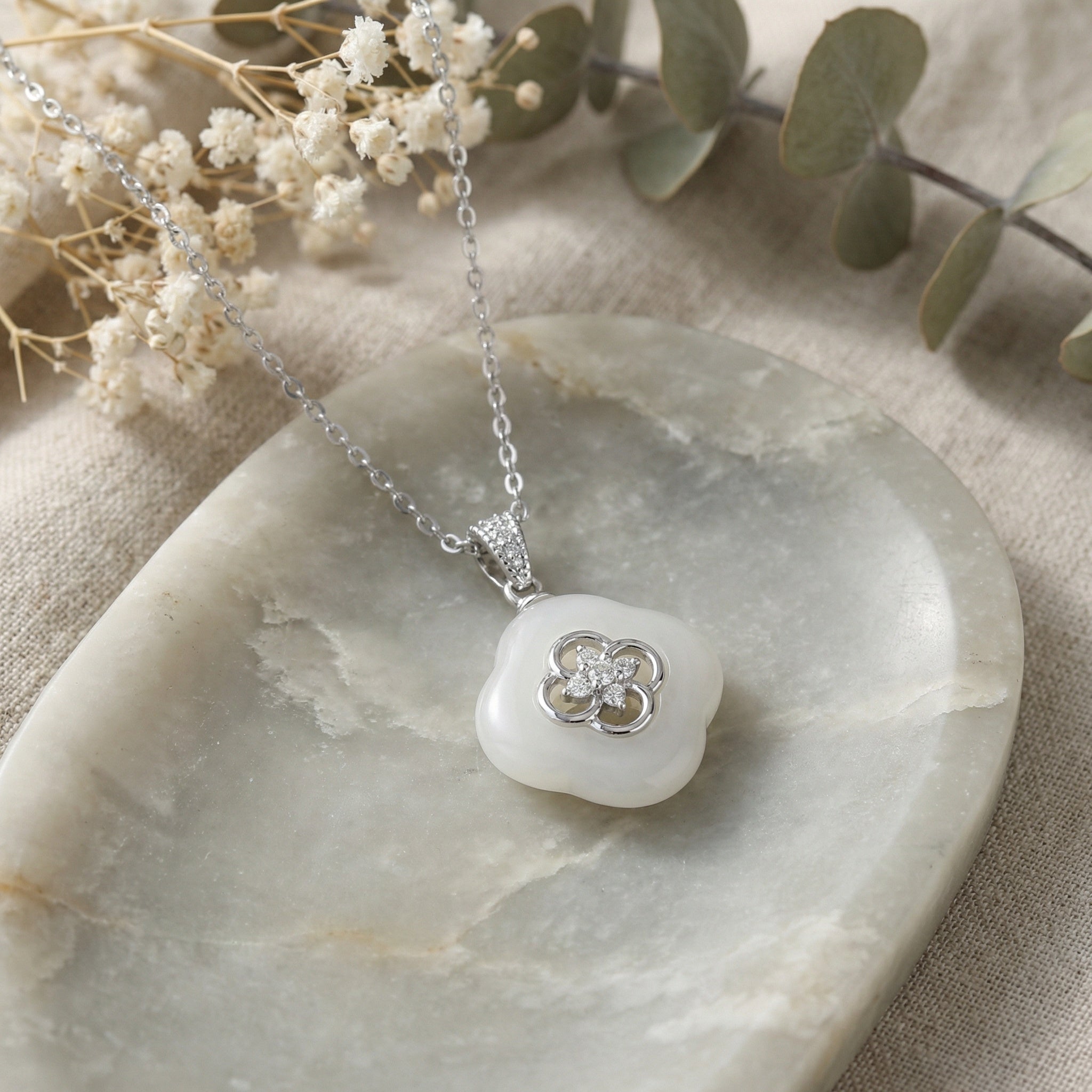 925 Sterling Silver Elegant White Jade Quatrefoil Pendant Necklace with Diamond Accents