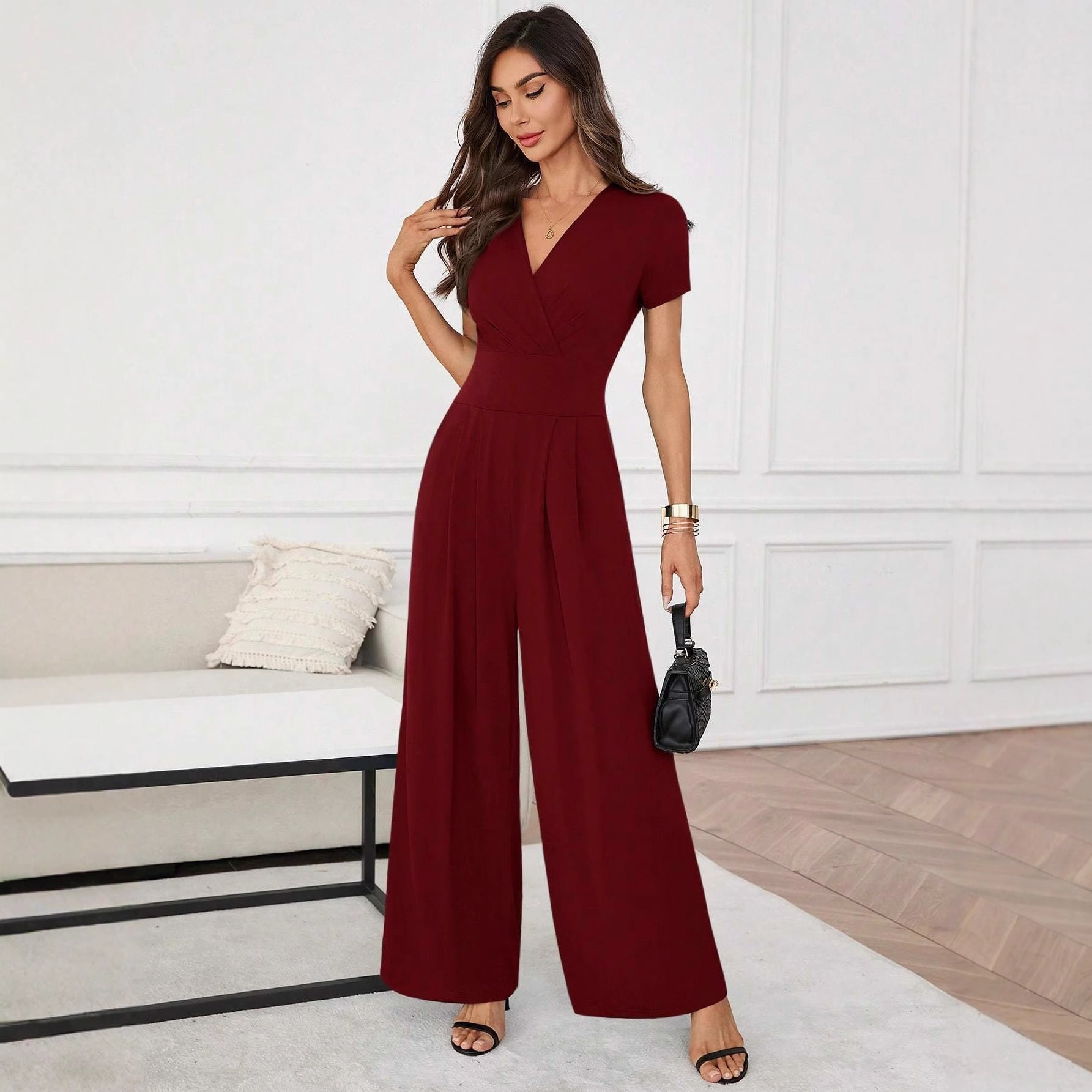 Women's Solid-Color Short-Sleeve Pleated Wide-Leg Jumpsuit