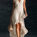 Women's Fashion Romantic Sleeveless V-Neck Ruffle Hem Cotton Linen Maxi Dress