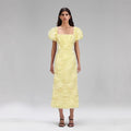 Three-dimensional Floral Square-neck Puffed-sleeve Short-sleeve Slim-fit Sheath Dress