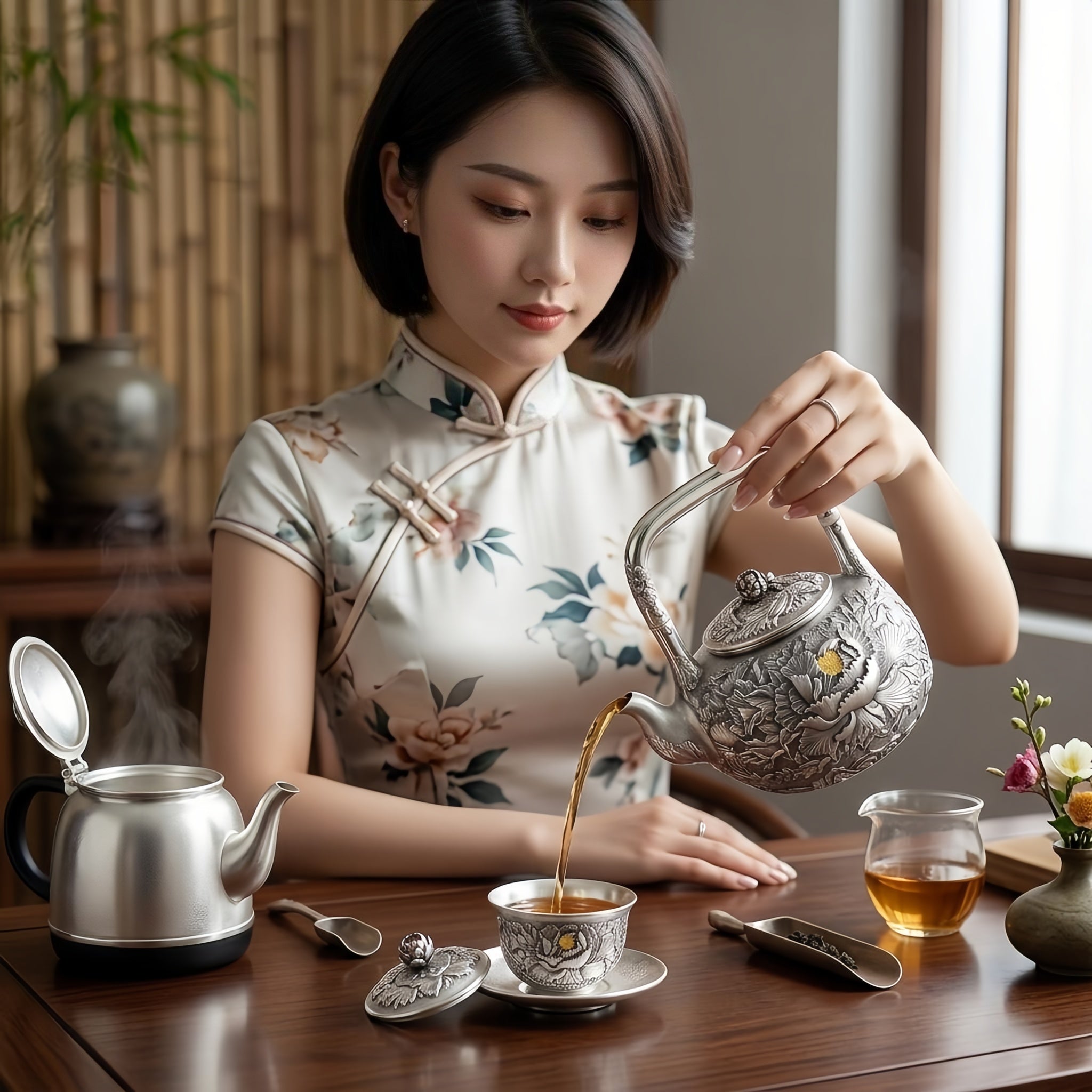 Pure 999 Fine Silver Handcrafted Silver Teapot with Intricate Peony Relief and Floral Finial - Handicraft