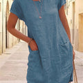 2026 Independent Site Wish New Summer Loose Solid Color Pocket Short-Sleeve Round-Neck Cotton Linen Dress For Women