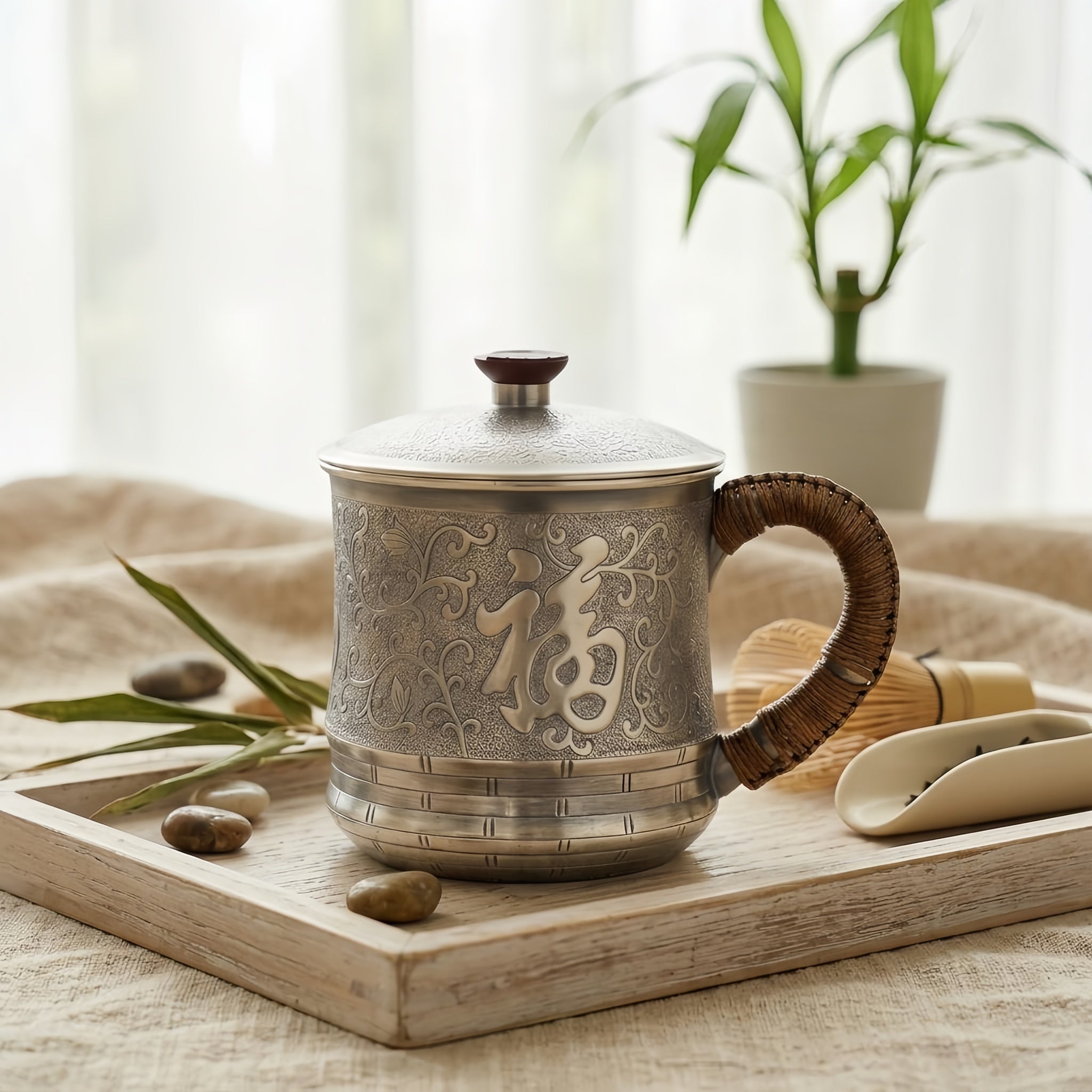Pure 999 Fine Silver Antique Style Silver-Tone Tea Mug with Embossed Fu Symbol and Braided Rattan Handle - Handicraft