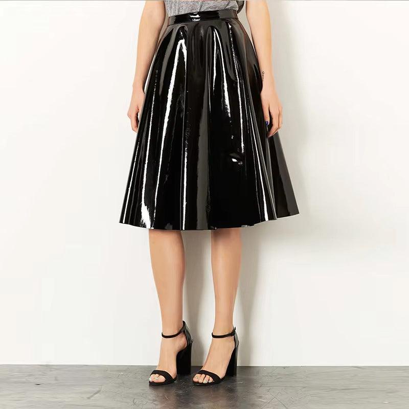 Mirror-finish PU Leather Pleated Skirt Sweet Style Mid-length Skirt